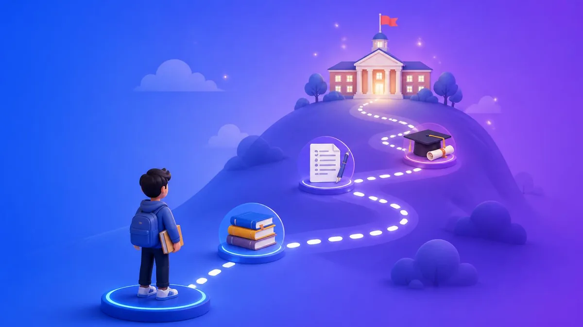A student on the path from books and applications to a college campus