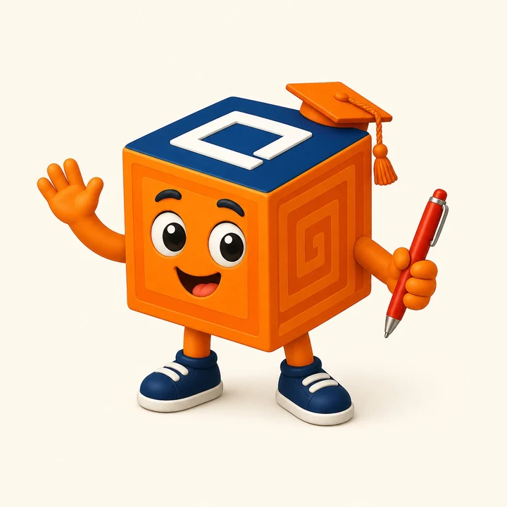 The EduAakashaA mascot, an orange cube with a graduation cap, waving and holding a pen